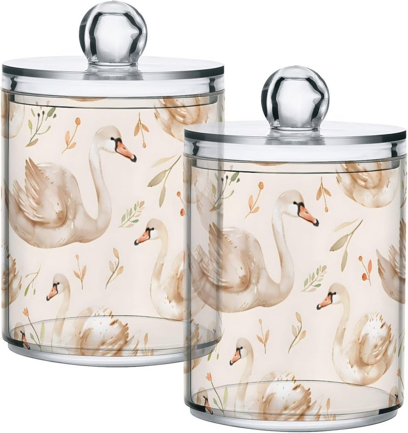 BOENLE 2 Pack Qtip Holder Organizer Dispenser Swans and Grass Bathroom Storage Canister Cotton Ball Holder Container for Cotton Pads/Swabs/Floss - Image 1
