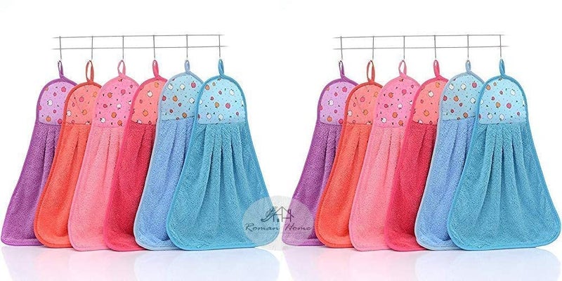 ROYAL TRADERS Microfibre Wash Basin Towel Hanging Hand TowelsSet of Soft Absorbent and Quick Drying Bathroom Hang Towel,Printed Kitchen Accessories Napkin with Ties (30x40 cm.Multicolor PAK OF12 PIS. - Image 1
