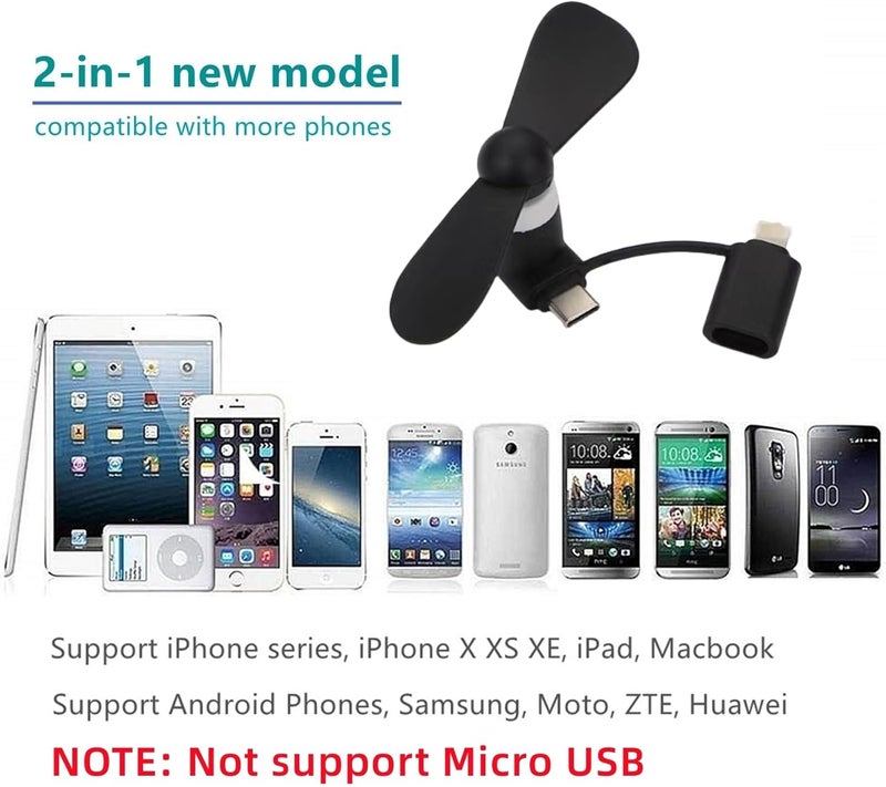 مروحة هاتف محمول صغيرة 2 في 1 لأجهزة iPhone وAndroid مع منفذ Type C/USB C (عبوة من 4 قطع) - مروحة جيب شخصية صغيرة محمولة تُوصل بالهواتف المحمولة وأجهزة iPad للسفر والتنقل في الهواء الطلق (أسود) - Image 2