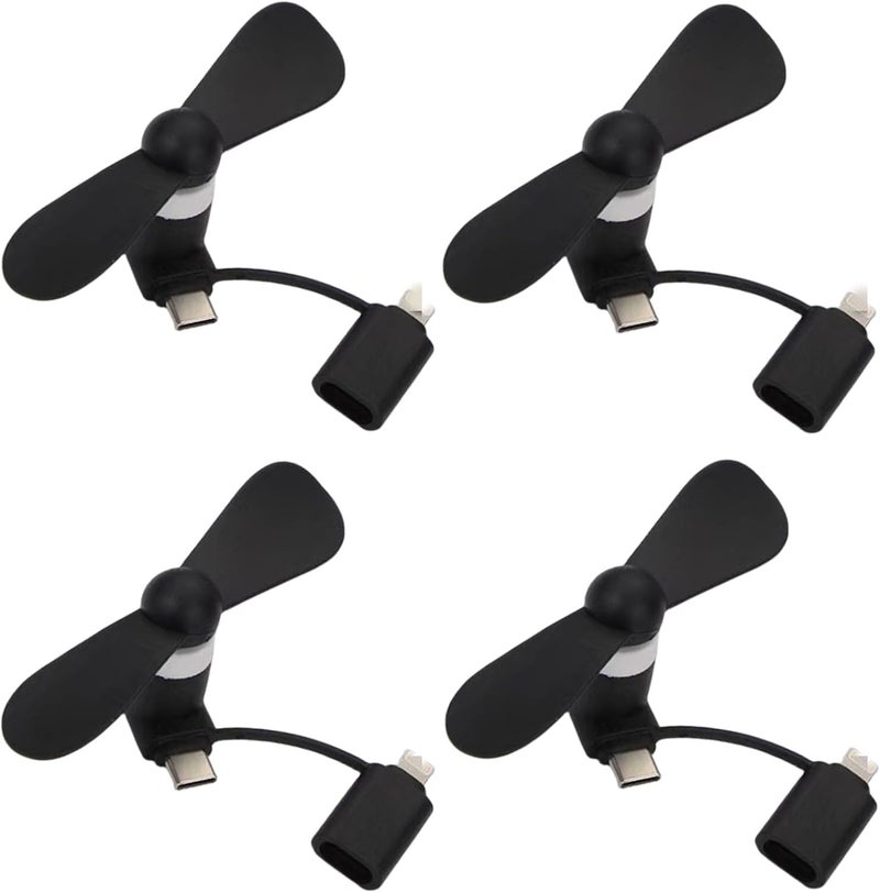 مروحة هاتف محمول صغيرة 2 في 1 لأجهزة iPhone وAndroid مع منفذ Type C/USB C (عبوة من 4 قطع) - مروحة جيب شخصية صغيرة محمولة تُوصل بالهواتف المحمولة وأجهزة iPad للسفر والتنقل في الهواء الطلق (أسود) - Image 1