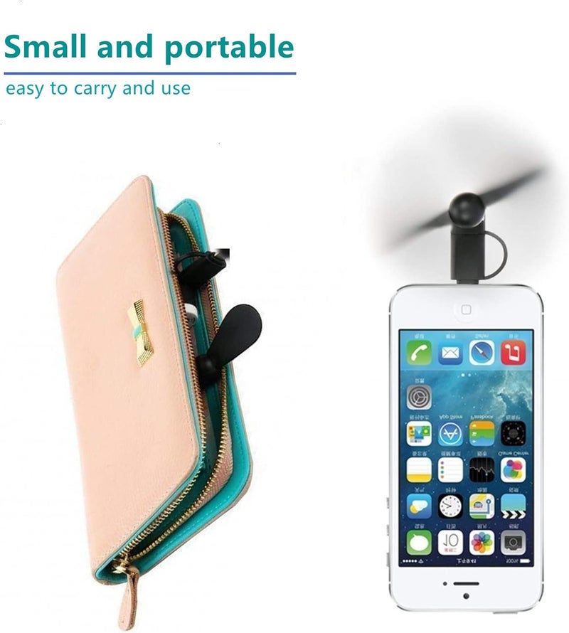 مروحة هاتف محمول صغيرة 2 في 1 لأجهزة iPhone وAndroid مع منفذ Type C/USB C (عبوة من 4 قطع) - مروحة جيب شخصية صغيرة محمولة تُوصل بالهواتف المحمولة وأجهزة iPad للسفر والتنقل في الهواء الطلق (أسود) - Image 4