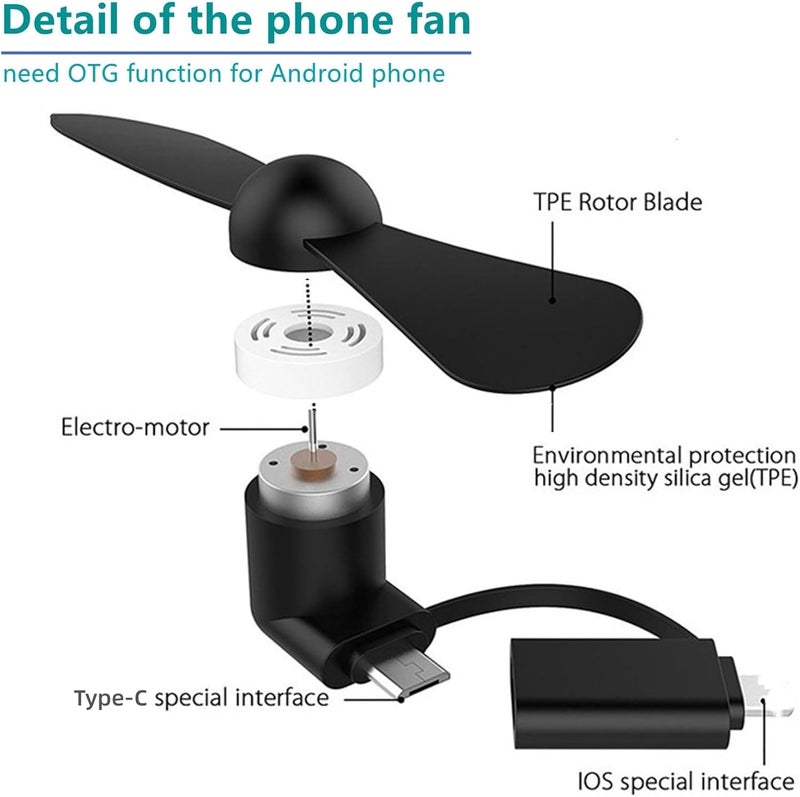 مروحة هاتف محمول صغيرة 2 في 1 لأجهزة iPhone وAndroid مع منفذ Type C/USB C (عبوة من 4 قطع) - مروحة جيب شخصية صغيرة محمولة تُوصل بالهواتف المحمولة وأجهزة iPad للسفر والتنقل في الهواء الطلق (أسود) - Image 3