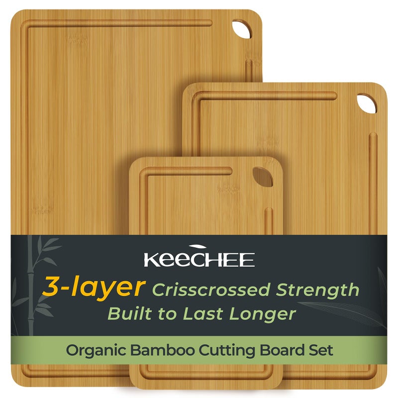 Keechee Wood Cutting Board for Kitchen Reversible Bamboo Cutting Boards Gift Set of 3 with Juice Groove Wooden Chopping Board for Meat Fruit Vegetables Cheese Pre Oiled Natural