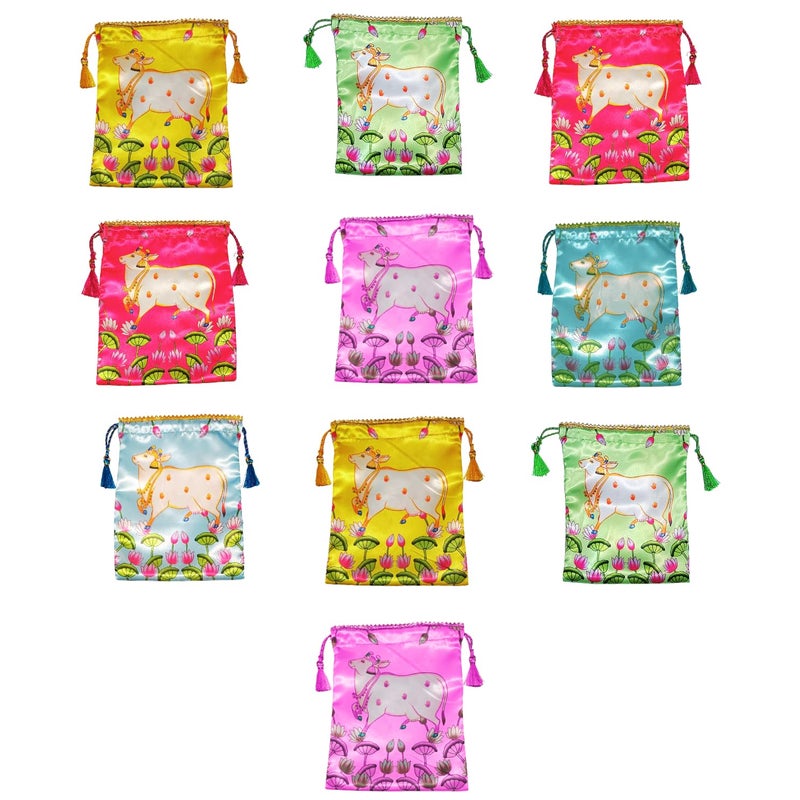 Sri Yagnaa - Pack of 10 - Gomatha Design Potli Bags - Fabric Potli Bags - Women's Silk Drawstring Closure - Gift Pouches - for Return Gifting (Multi-Color) - Image 5