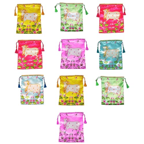 Sri Yagnaa - Pack of 10 - Gomatha Design Potli Bags - Fabric Potli Bags - Women's Silk Drawstring Closure - Gift Pouches - for Return Gifting (Multi-Color) - Image 1