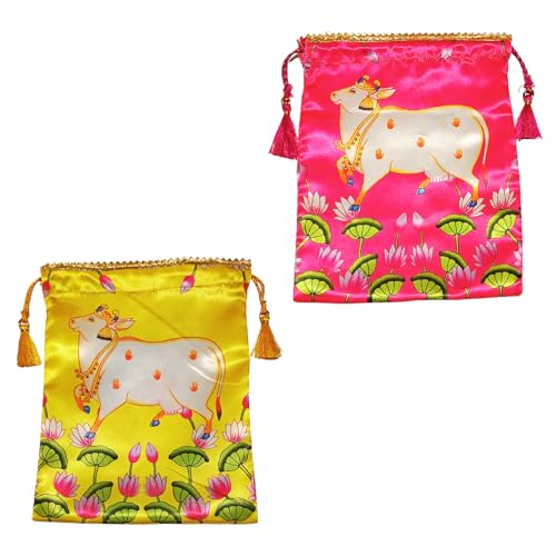 Sri Yagnaa - Pack of 10 - Gomatha Design Potli Bags - Fabric Potli Bags - Women's Silk Drawstring Closure - Gift Pouches - for Return Gifting (Multi-Color) - Image 3