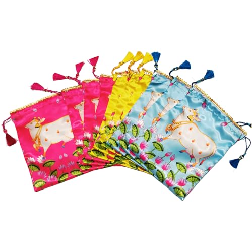 Sri Yagnaa - Pack of 10 - Gomatha Design Potli Bags - Fabric Potli Bags - Women's Silk Drawstring Closure - Gift Pouches - for Return Gifting (Multi-Color) - Image 2