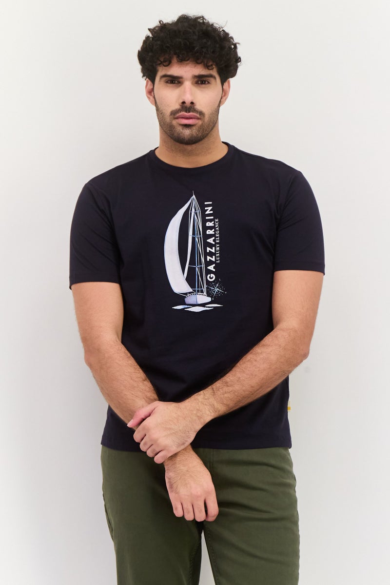 Gazzarrini Men Round Neck Short Sleeves Graphic Print T-shirt, Dark Navy - Image 1