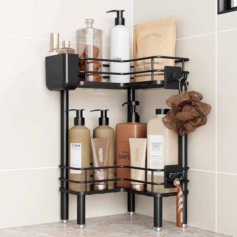 Orimade Rustproof 2 Tier Floor Standing Corner Shower Caddy Organizer with Toothbrush Holder, Large Spacing Floor Shower Shelf Rack Storage Stands with Hooks for Bathroom Kitchen, Black - Image 1