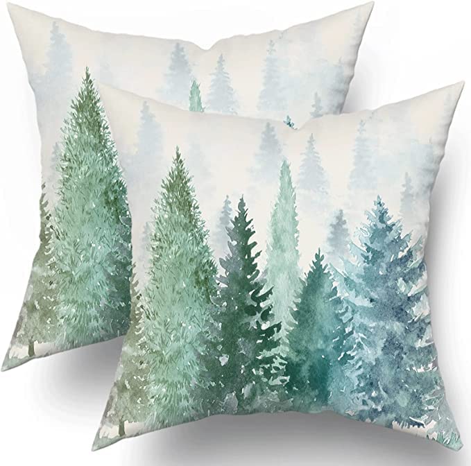 Giwawa Pine Tree Throw Pillow Covers 18x18 Set of 2 Watercolor Blue Green Cotton Square Rustic Style Natural Forest Fog Print Decorative Pillowcase Spring Summer Cushion Cover for Home Sofa Bed Outdoor - Image 1