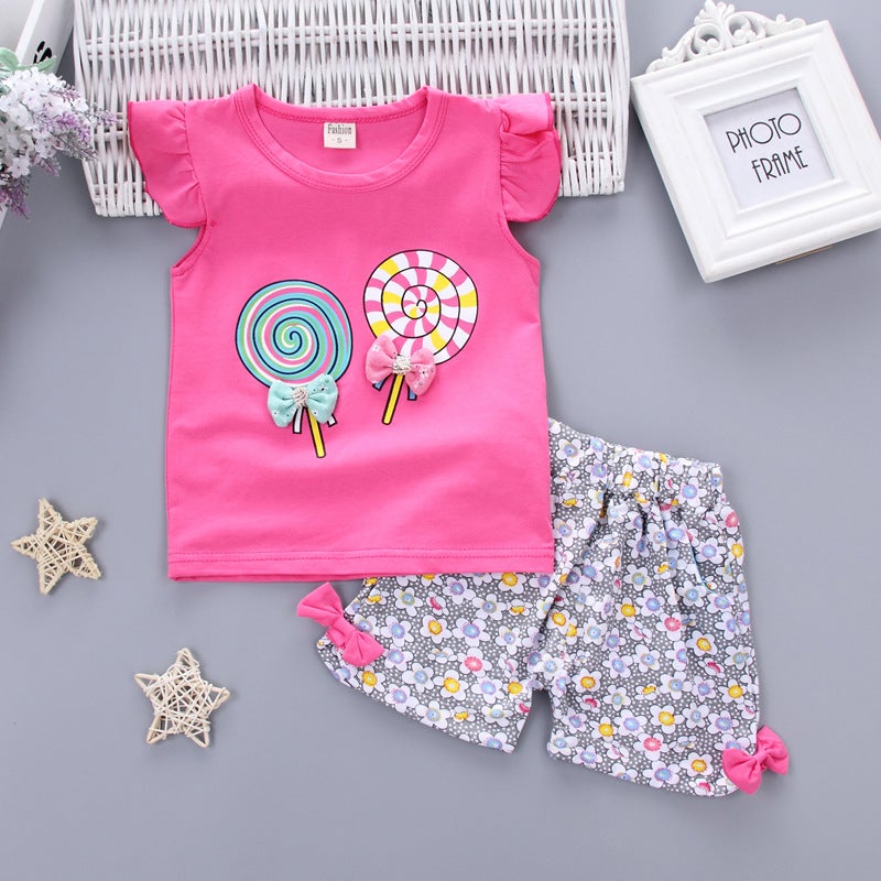 Summer small and medium-sized childrens lollipop short sleeve shorts girl baby cartoon 0-4 years old childrens suit vest suit tide Rose Red 