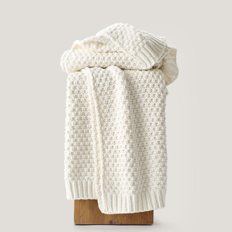 EVERGRACEHOME Chunky Chenille Knit Throw Blanket for Couch, Soft Luxurious Moss Stitch Blankets for Bed, Cozy Decorative Farmhouse Knitted Throws for Sofa, Bright White, 50" x 60" - Image 4