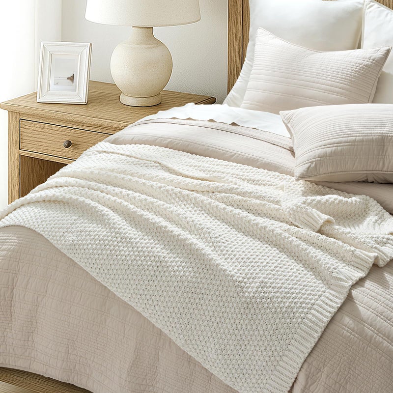 EVERGRACEHOME Chunky Chenille Knit Throw Blanket for Couch, Soft Luxurious Moss Stitch Blankets for Bed, Cozy Decorative Farmhouse Knitted Throws for Sofa, Bright White, 50" x 60" - Image 3