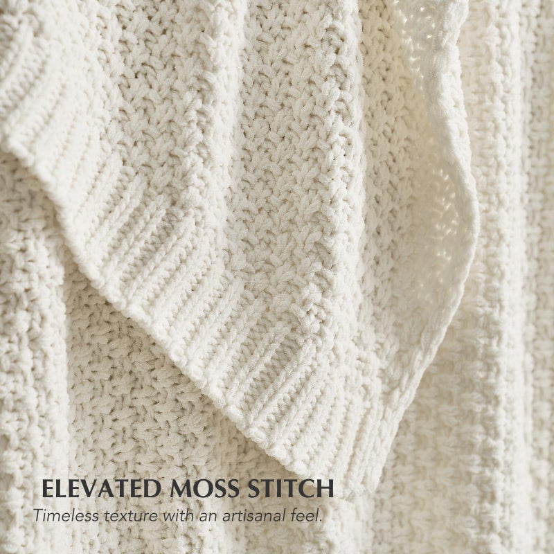 EVERGRACEHOME Chunky Chenille Knit Throw Blanket for Couch, Soft Luxurious Moss Stitch Blankets for Bed, Cozy Decorative Farmhouse Knitted Throws for Sofa, Bright White, 50" x 60" - Image 2