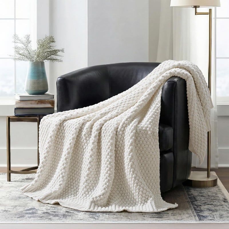 EVERGRACEHOME Chunky Chenille Knit Throw Blanket for Couch, Soft Luxurious Moss Stitch Blankets for Bed, Cozy Decorative Farmhouse Knitted Throws for Sofa, Bright White, 50" x 60" - Image 1