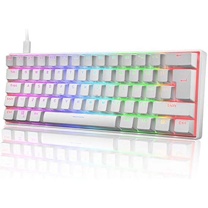 rayihni UK LAYOUT 60% TRUE MECHANICAL GAMING KEYBOARD TYPE C WIRED 62 KEYS LED BACKLIT USB WATERPROOF KEYBOARD 14 CHROMA RGB BACKLIGHT FULL ANTI-GHOSTING KEYS FOR COMPUTER/PC/LAPTOP/MAC (WHITE/BLUE SWITCH) - Image 1