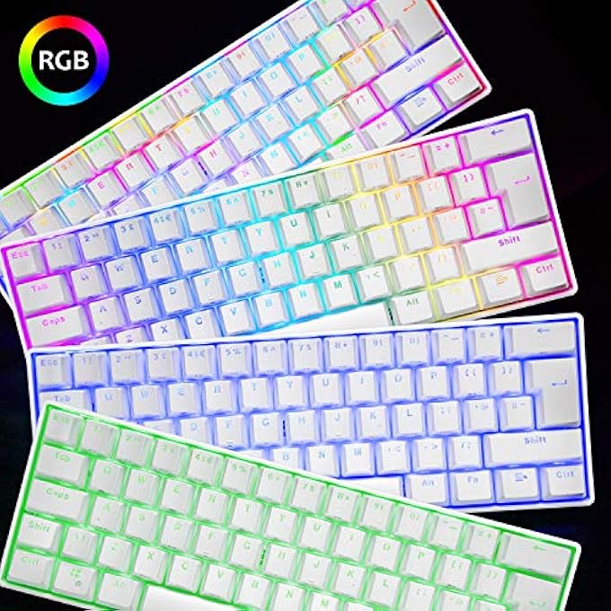 rayihni UK LAYOUT 60% TRUE MECHANICAL GAMING KEYBOARD TYPE C WIRED 62 KEYS LED BACKLIT USB WATERPROOF KEYBOARD 14 CHROMA RGB BACKLIGHT FULL ANTI-GHOSTING KEYS FOR COMPUTER/PC/LAPTOP/MAC (WHITE/BLUE SWITCH) - Image 3