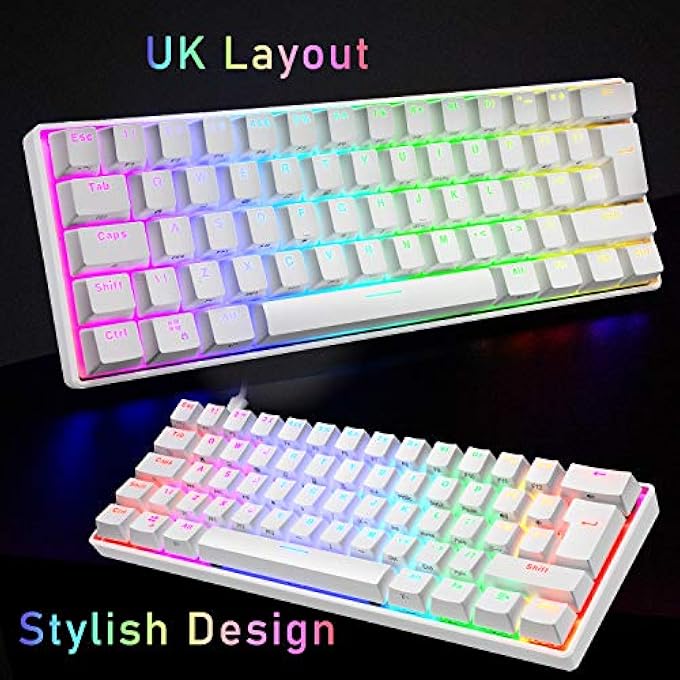 rayihni UK LAYOUT 60% TRUE MECHANICAL GAMING KEYBOARD TYPE C WIRED 62 KEYS LED BACKLIT USB WATERPROOF KEYBOARD 14 CHROMA RGB BACKLIGHT FULL ANTI-GHOSTING KEYS FOR COMPUTER/PC/LAPTOP/MAC (WHITE/BLUE SWITCH) - Image 2