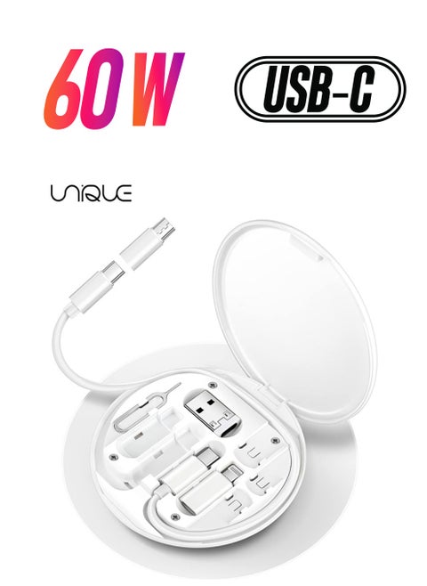 9-in-1 USB Charging Adapter Cable Kit, USB C to Lighting Adapter Box, Conversion Set USB A & Type C to Male Micro/Type C/Lightning, Data Transfer, Card Storage, Tray Eject Pin, Phone Holder (White)