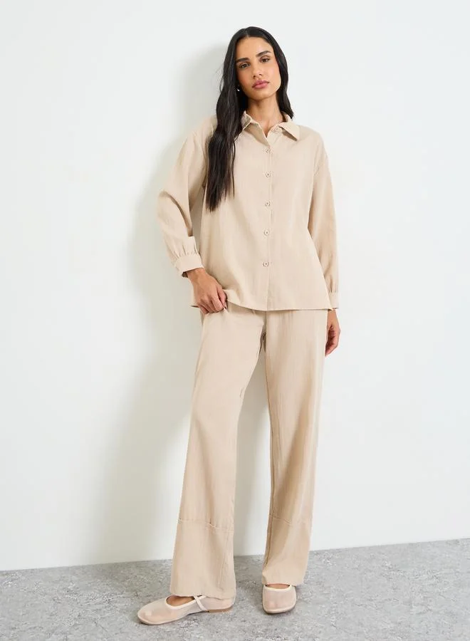 تايك تو Beige Solid Buttoned Shirt and Loose Pants Co-Ords Set