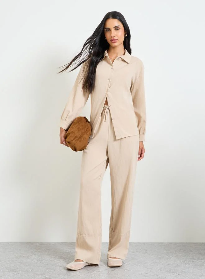 تايك تو Beige Solid Buttoned Shirt and Loose Pants Co-Ords Set