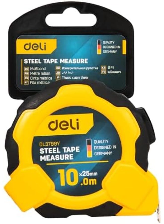 Deli 10m Measuring Tape – Self-Lock, 25mm Wide Blade, Shockproof - Image 1