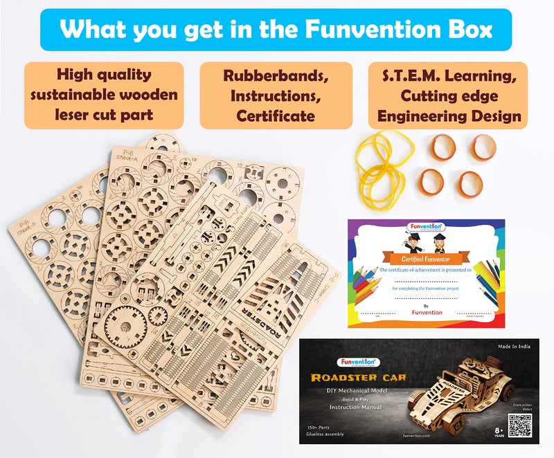FUNVENTION Roadster Car - DIY Functional Mechanical Model 3D Puzzle STEM Lerning Kit Collectible Cars Building Kit with Working Wheels & Shocks - Image 3