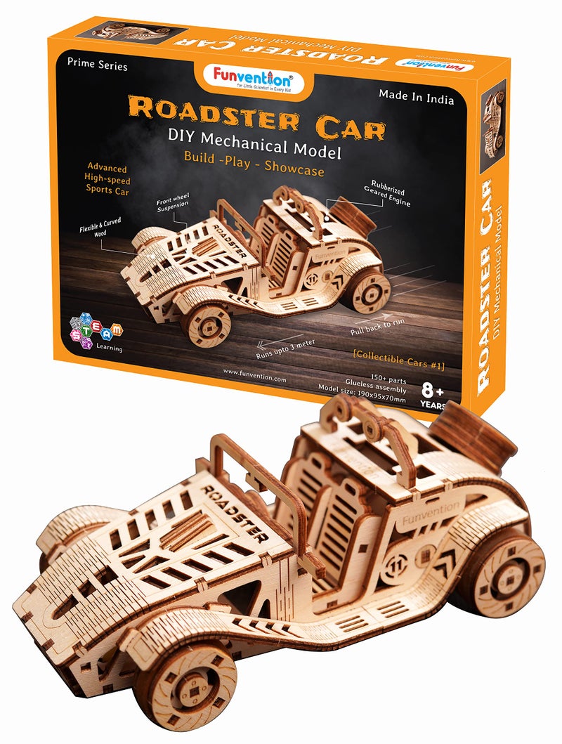 FUNVENTION Roadster Car - DIY Functional Mechanical Model 3D Puzzle STEM Lerning Kit Collectible Cars Building Kit with Working Wheels & Shocks - Image 1