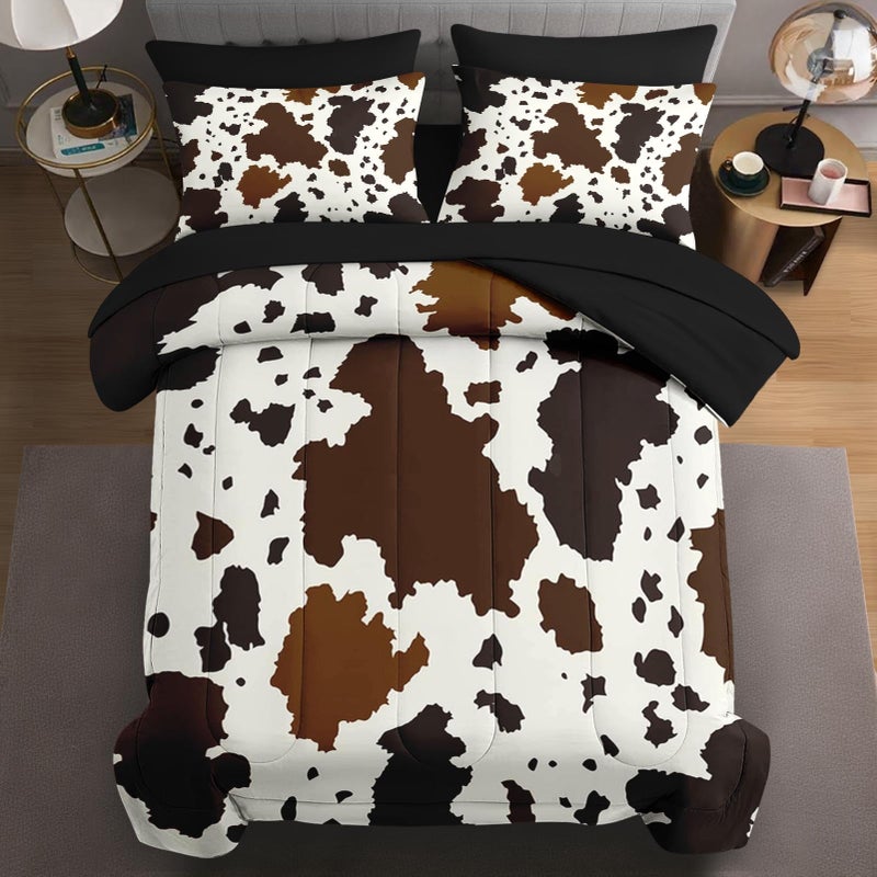 WeCozy 7 Pcs Full Size Comforter Set with 2 Pillowcases & 2 Shams, Brown Cow Cowhide Print Bedding for Kids and Adults, Vintage Western Farmhouse Bed in a Bag with Flat Fitted Sheet - Image 1