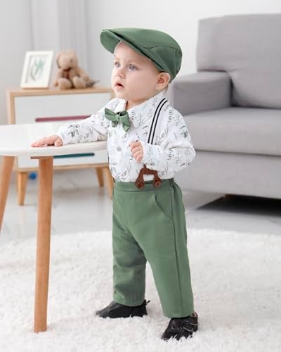WESIDOM Baby Boy Clothes 0-24M Newborn Infant Gentleman Outfit, Shirt+Bowtie+Beret+Suspender Pant Baby boy Suit Clothing Set - Image 4