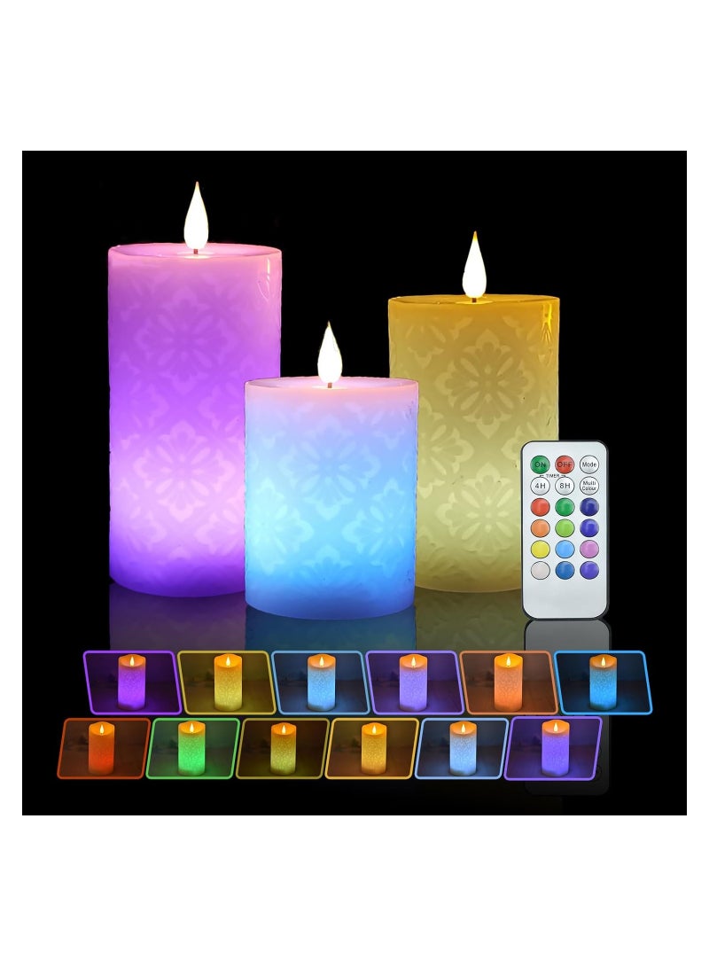 Zikra 3PCS Color Changing Flameless Candles with Remote, Real Wax Floral Design, Battery Operated, Timer Function, 12 LED Colors, Home Decor, Sizes: 4", 5", 6" (D 3") - Image 1