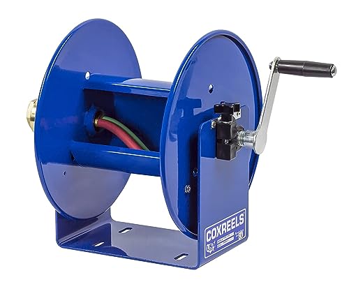 Coxreels 112WL-1-100 Hand Crank Steel Welding Hose Reel, 100W Series – ¼” x 100’, 200 PSI - Easy-to-Use Compact Design - Adjustable Tension Break - Heavy-Duty Steel Construction, Made in the USA, Blue - Image 1