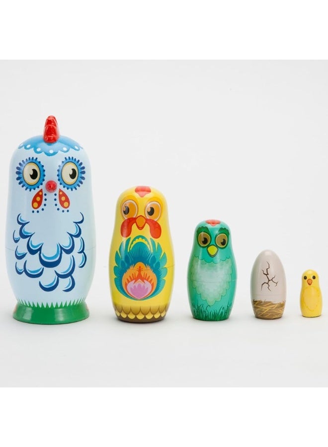 Bits and Pieces - "Hazel & Friends Nesting Chickens - Hand Painted Wooden Nesting Dolls - Matryoshka - Set of 5 Dolls from 5-1/2" Tall - Image 1