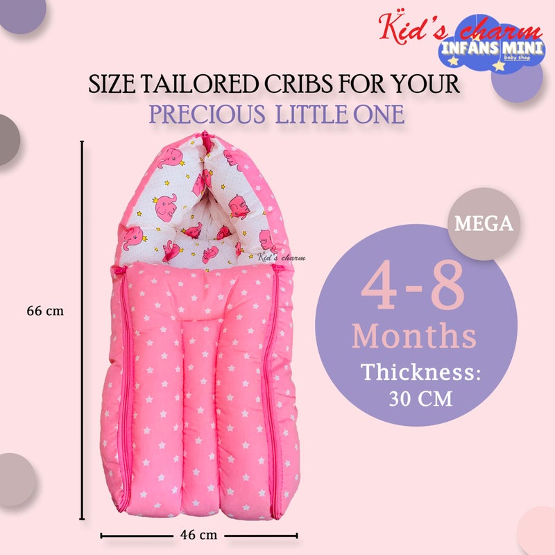 Infans Mini سرير أطفال قطن مصغر على شكل فيل 3 في 1 - حقيبة نوم مطبوعة للأطفال - سرير أطفال - محمول للرضع للجنسين سهل الحمل، خفيف الوزن للمواليد من 4-8 أشهر (وردي) - Image 2