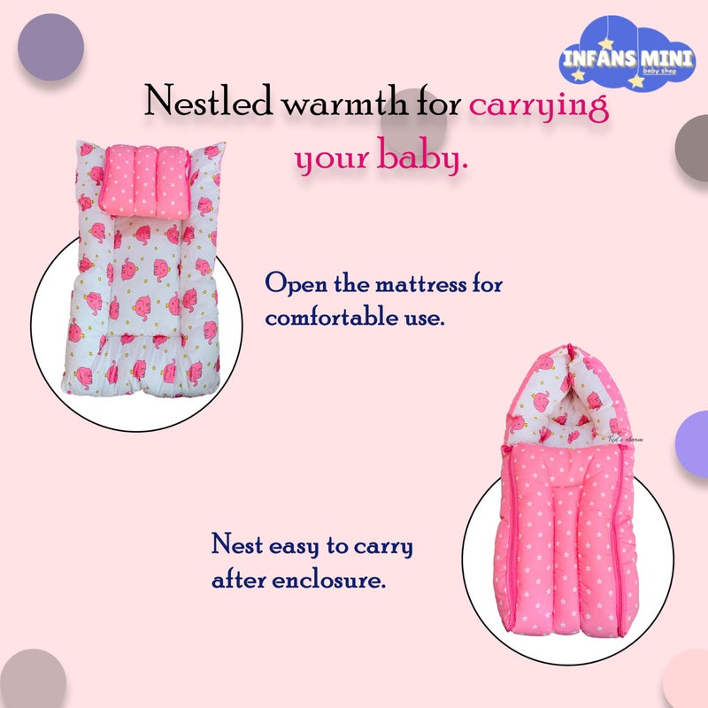Infans Mini سرير أطفال قطن مصغر على شكل فيل 3 في 1 - حقيبة نوم مطبوعة للأطفال - سرير أطفال - محمول للرضع للجنسين سهل الحمل، خفيف الوزن للمواليد من 4-8 أشهر (وردي) - Image 3