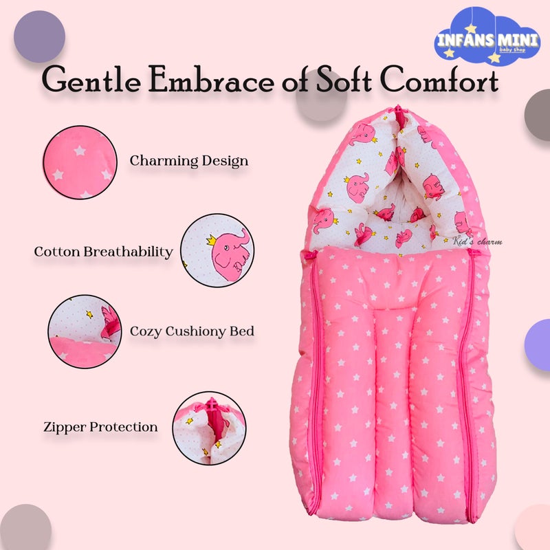 Infans Mini سرير أطفال قطن مصغر على شكل فيل 3 في 1 - حقيبة نوم مطبوعة للأطفال - سرير أطفال - محمول للرضع للجنسين سهل الحمل، خفيف الوزن للمواليد من 4-8 أشهر (وردي) - Image 4