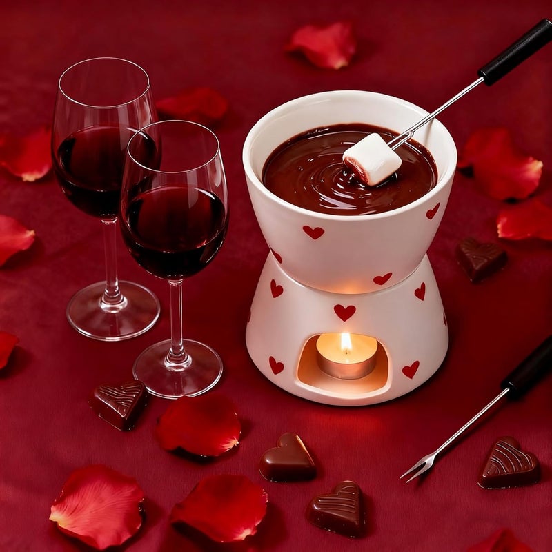 YumiPLUS Sweet Cheese Fondue Cup with 2 Dipping Forks, White Ceramic Chocolate Melting Cup Set,Cute Butter Warmer for Seafood,Unique Chocolate Melter for Dating/Anniversary/Gift/Christmas (White Love) - Image 4
