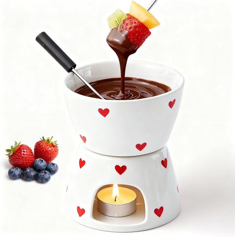 YumiPLUS Sweet Cheese Fondue Cup with 2 Dipping Forks, White Ceramic Chocolate Melting Cup Set,Cute Butter Warmer for Seafood,Unique Chocolate Melter for Dating/Anniversary/Gift/Christmas (White Love) - Image 1