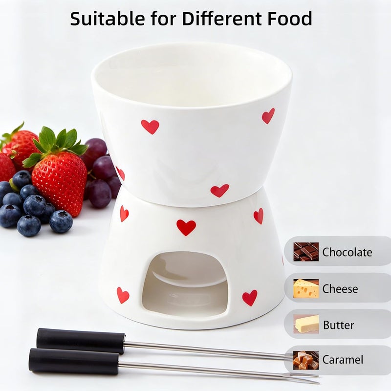 YumiPLUS Sweet Cheese Fondue Cup with 2 Dipping Forks, White Ceramic Chocolate Melting Cup Set,Cute Butter Warmer for Seafood,Unique Chocolate Melter for Dating/Anniversary/Gift/Christmas (White Love) - Image 3
