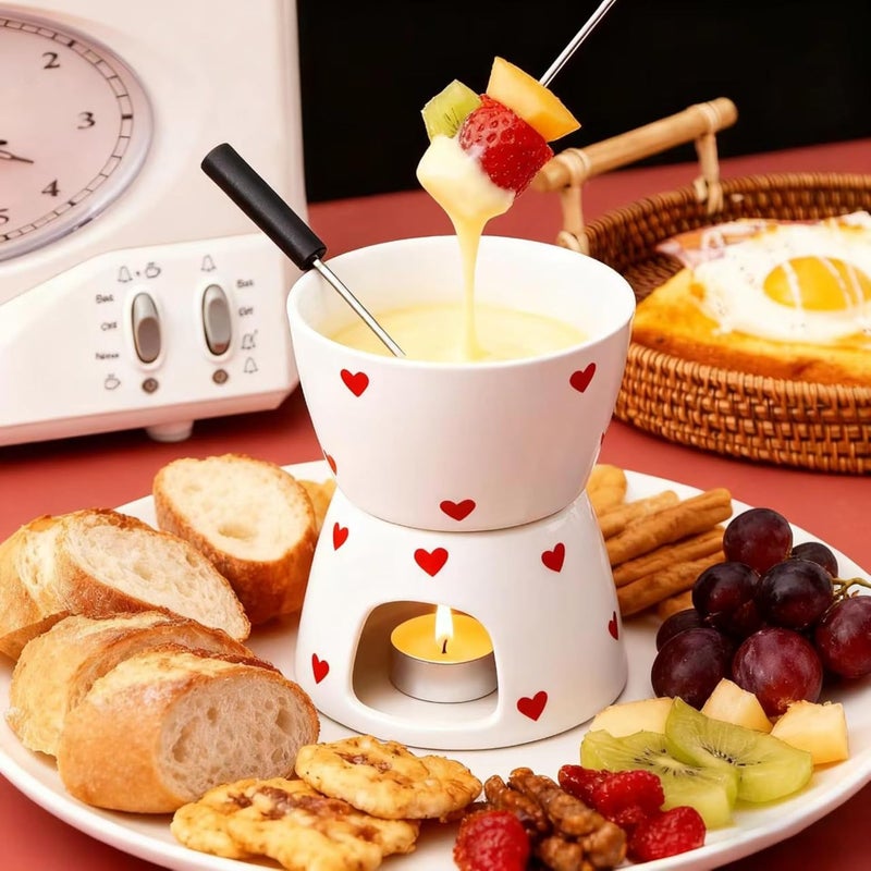 YumiPLUS Sweet Cheese Fondue Cup with 2 Dipping Forks, White Ceramic Chocolate Melting Cup Set,Cute Butter Warmer for Seafood,Unique Chocolate Melter for Dating/Anniversary/Gift/Christmas (White Love) - Image 2