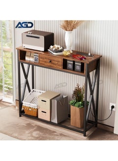 AGD Console Entryway Table with Charging Station, Side Table, Contemporary Coffee Corner with Storage Shelf and Power Outlet, Sofa Table for Entryway and Living Room, Brown  - Image 1