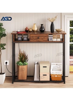 AGD Console Entryway Table with Charging Station, Side Table, Contemporary Coffee Corner with Storage Shelf and Power Outlet, Sofa Table for Entryway and Living Room, Brown  - Image 3