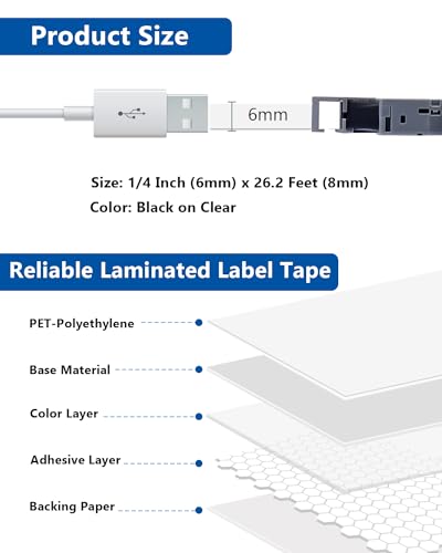 Labelwell 3-Pack TZe-111 Tape Replacement for Brother Label Maker Tape Clear 6mm 0.23 Inch Label Tape TZe111 TZ-111 Black on Clear Refills for Brother P Touch PT-H110 D220 D200 D210 H103W 1280 1290 - Image 2