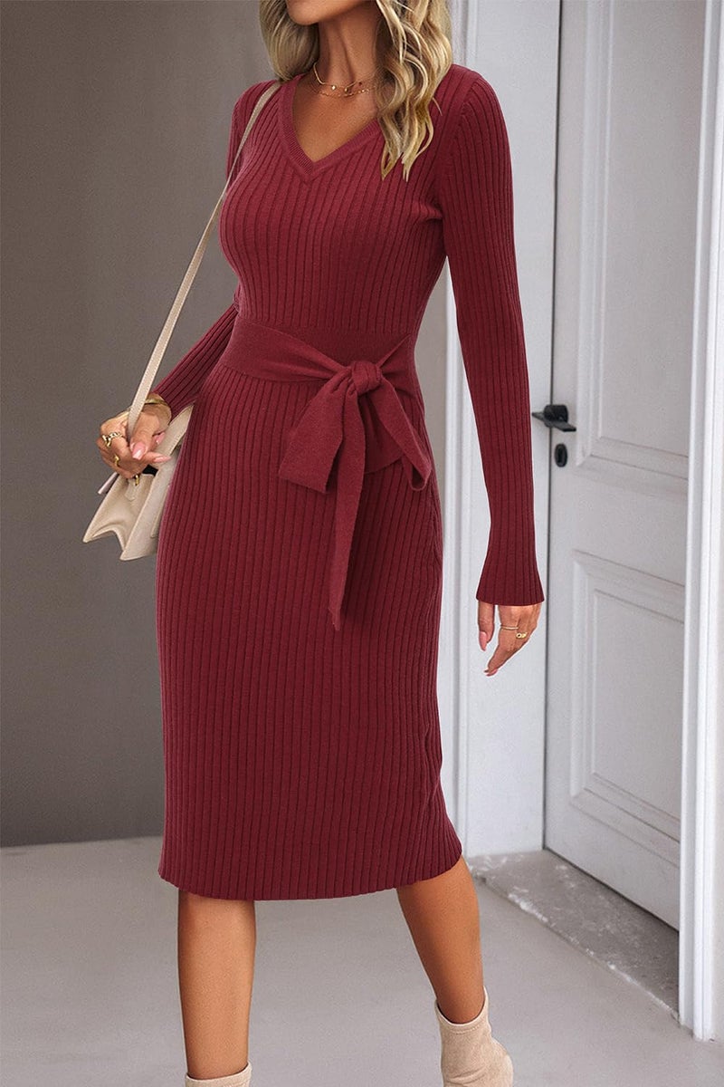 Newshows Womens 2025 Sweater Dress Long Sleeve Fall Midi Ribbed Knit Winter Belted Bodycon Dresses Work Clothes(Red,L) - Image 5