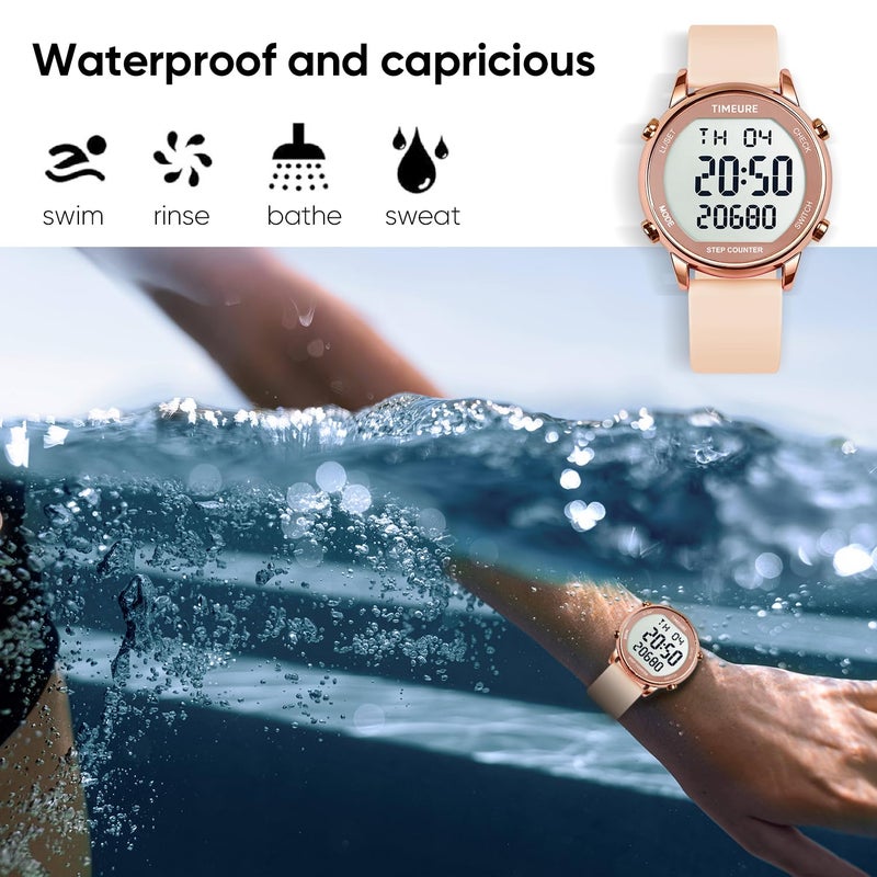 TIMEURE Pedometer Watch for Women, Step Counter for Walking No App/Phone Required Step Counter, Waterproof Calorie Tracker, Distance Tracking, Alarm, Large Digital Display, TU-2509 (Gold Black) - Image 3