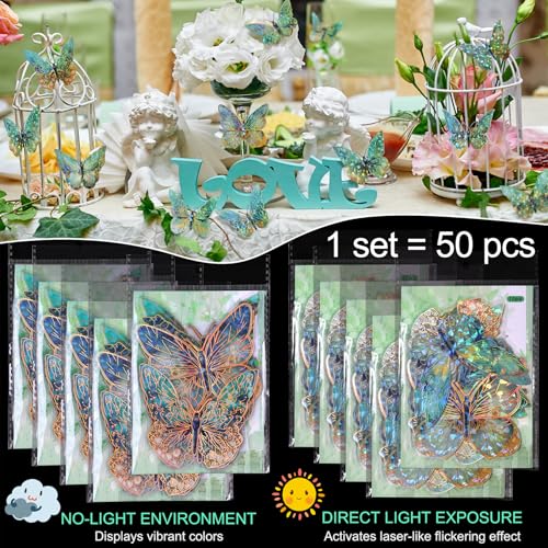 RAINBOW WSK 50 PCs Butterfly Wall Decor Cute Fairy Butterflies Wall Stickers 3D Butterflies for Birthday Cake Wedding Party Craft Room Decor Removable DIY Wall Decals sm- (Green) - Image 2