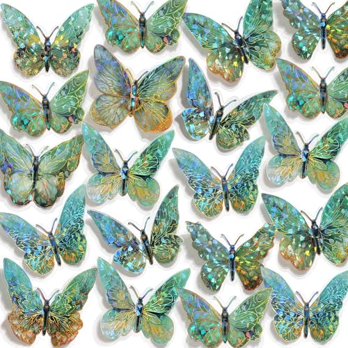RAINBOW WSK 50 PCs Butterfly Wall Decor Cute Fairy Butterflies Wall Stickers 3D Butterflies for Birthday Cake Wedding Party Craft Room Decor Removable DIY Wall Decals sm- (Green) - Image 1
