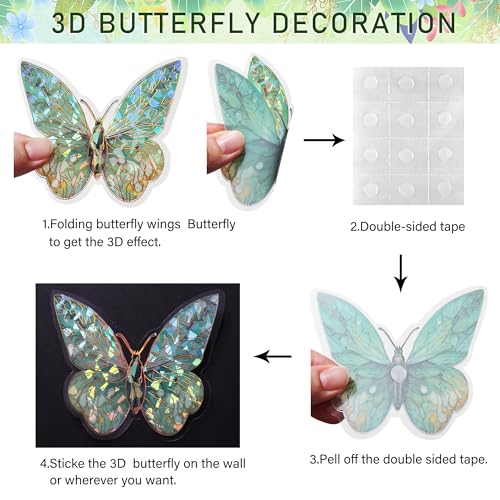 RAINBOW WSK 50 PCs Butterfly Wall Decor Cute Fairy Butterflies Wall Stickers 3D Butterflies for Birthday Cake Wedding Party Craft Room Decor Removable DIY Wall Decals sm- (Green) - Image 5