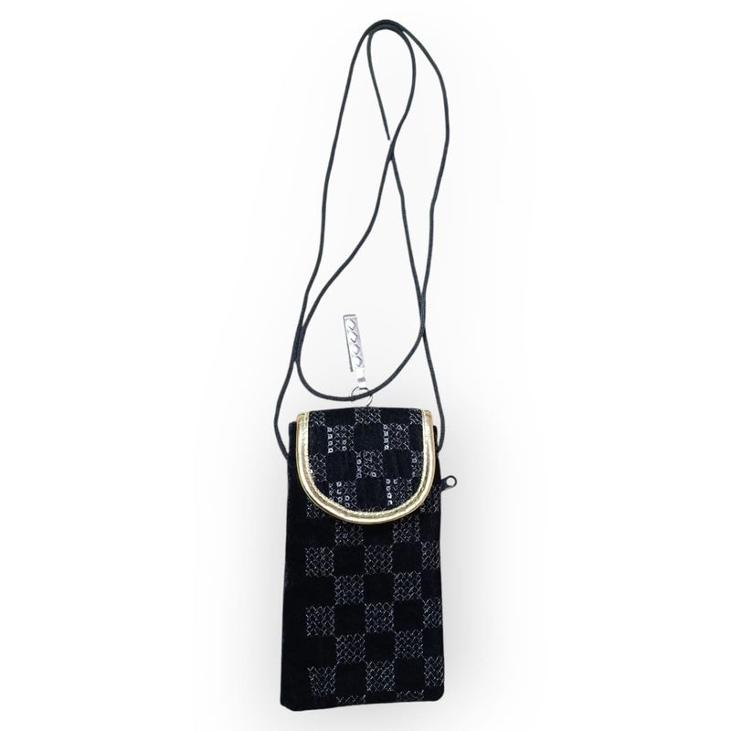 SUMERA WARQ Velvet Mobile Phone Pouch, Snowflake Embroidered Pattern, Multicolor with Gold Trim, Sling and Clip (Black) - Image 4