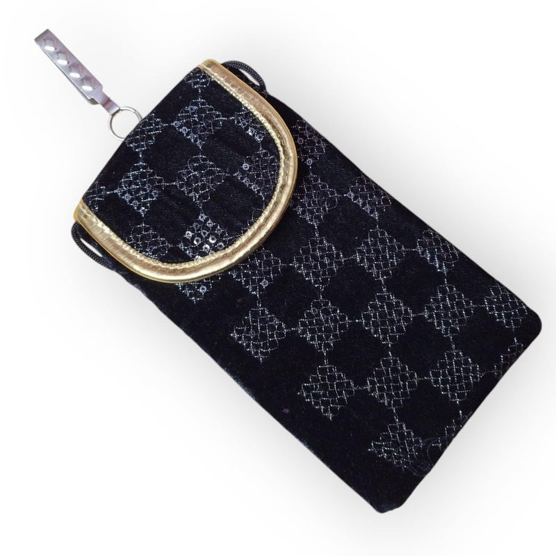SUMERA WARQ Velvet Mobile Phone Pouch, Snowflake Embroidered Pattern, Multicolor with Gold Trim, Sling and Clip (Black) - Image 1